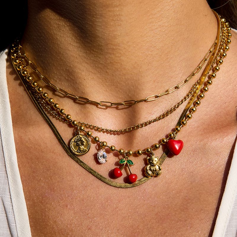 Collar De Acero Inoxidable Con Forma De Oso De Cereza Y Corazón