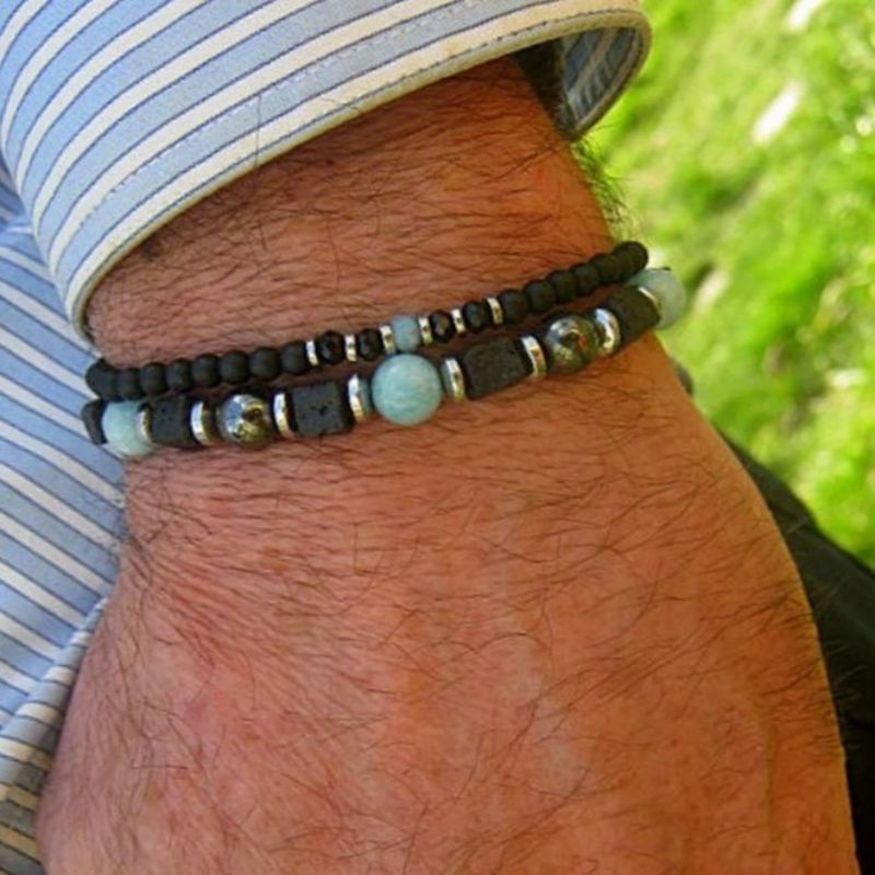 Pulsera De Cuentas De Volcán De Ónix Negro Para Hombre