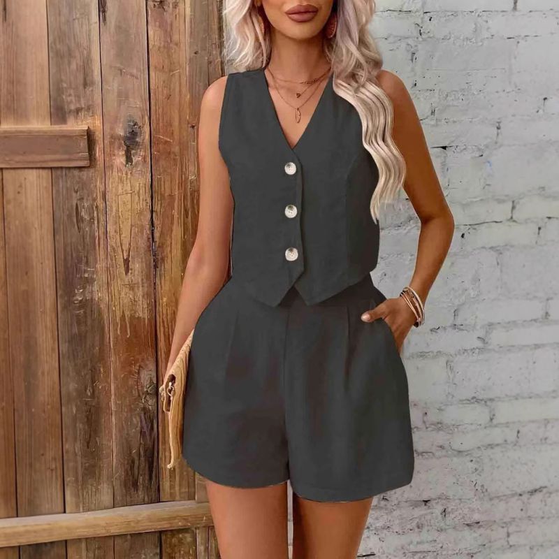 Conjunto De Chaleco Y Pantalones Cortos Sin Mangas De Algodón Y Lino