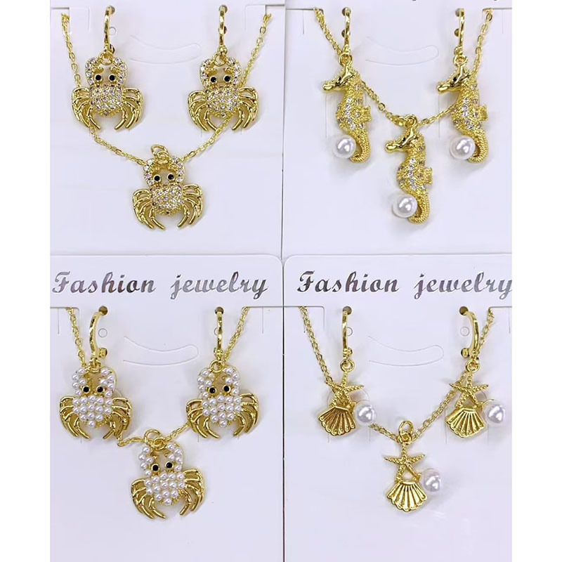 Conjunto De Collar Y Pendientes Con Diseño De Flor De Diamante De Cobre Estrella De Mar Caballito De Mar Ojo De Cangrejo