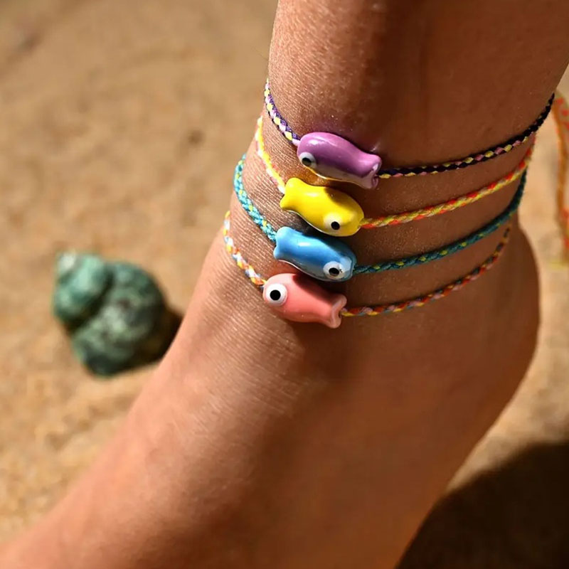 Tobillera Trenzada De Cerámica Con Dibujos De Peces