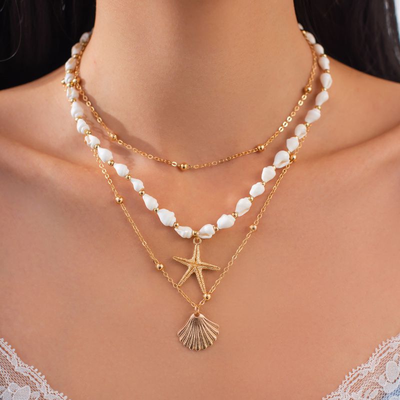 Conjunto De Pulsera De Aleación Con Estrellas De Mar Conchas Y Perlas