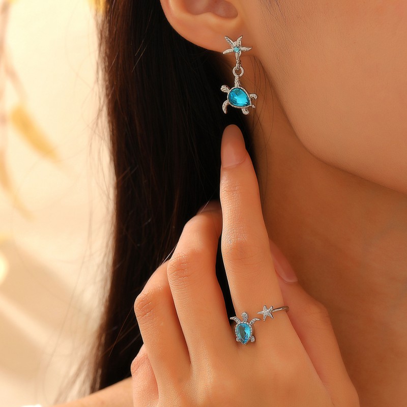 Conjunto De Pendientes Y Anillo De Tortuga De Cobre Y Diamantes