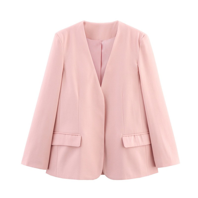 Blazer De Poliéster Con Cuello En V Y Bolsillos