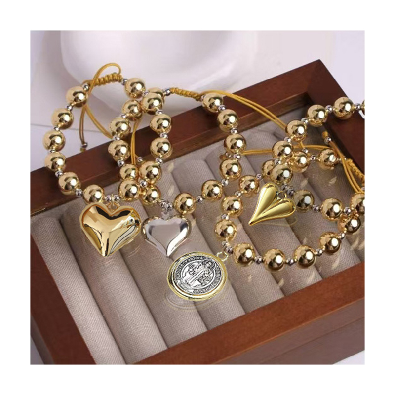 Pulsera Geométrica Con Lazo Retrato Ojos De Corazón Y Cuentas De Metal Bañado En Oro