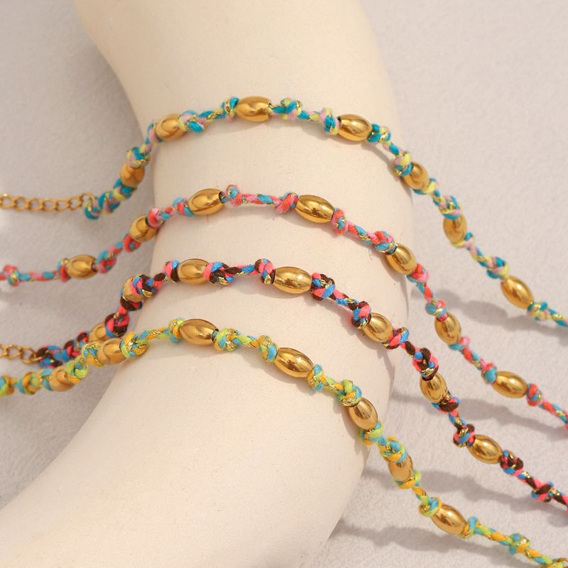 Pulsera De Cuentas De Barril Anudadas Con Cuerda De Colores De Acero Inoxidable