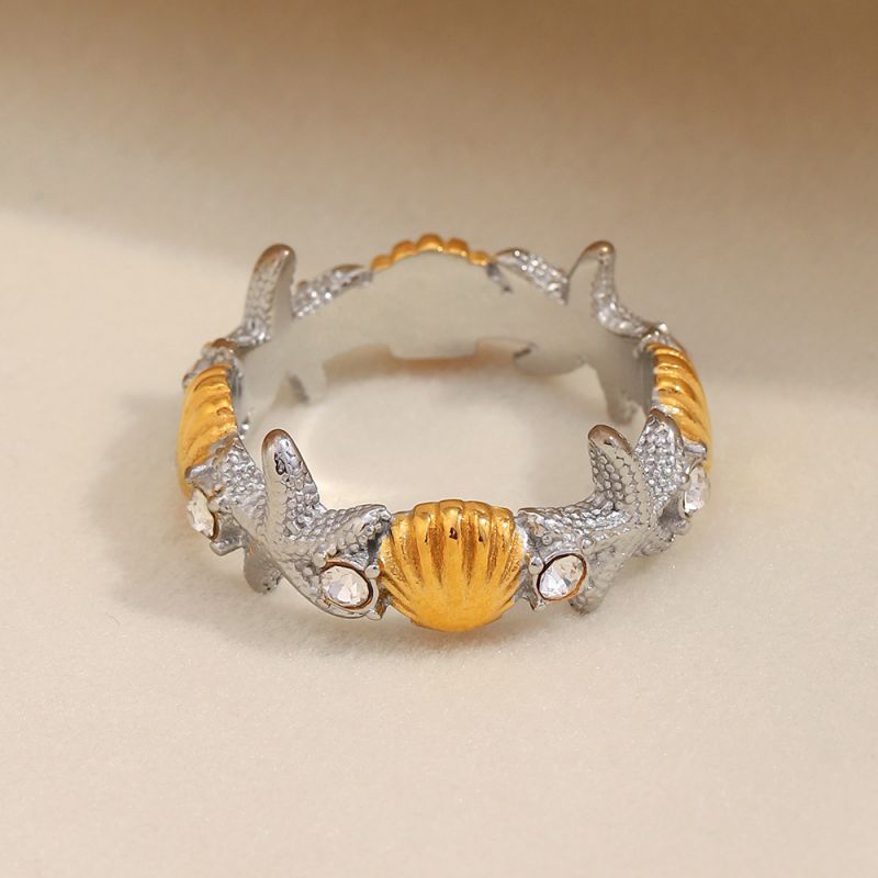 Anillo De Acero Inoxidable Con Forma De Estrella De Mar Y Concha