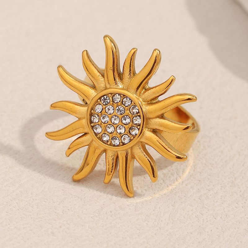 Anillo Abierto De Acero Inoxidable Con Circonita Solar Bañada En Oro