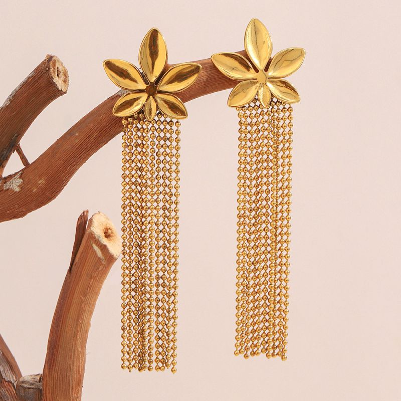 Pendientes De Borlas De Flores De Acero Inoxidable Bañados En Oro