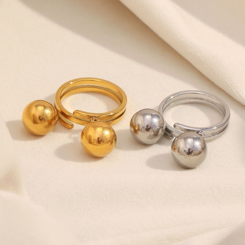 Anillo De Doble Bola De Acero Inoxidable Chapado En Oro