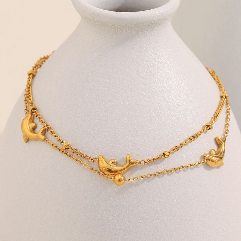 Pulsera De Cadena De Cuentas Con Clip De Doble Capa De Delfín De Acero Inoxidable
