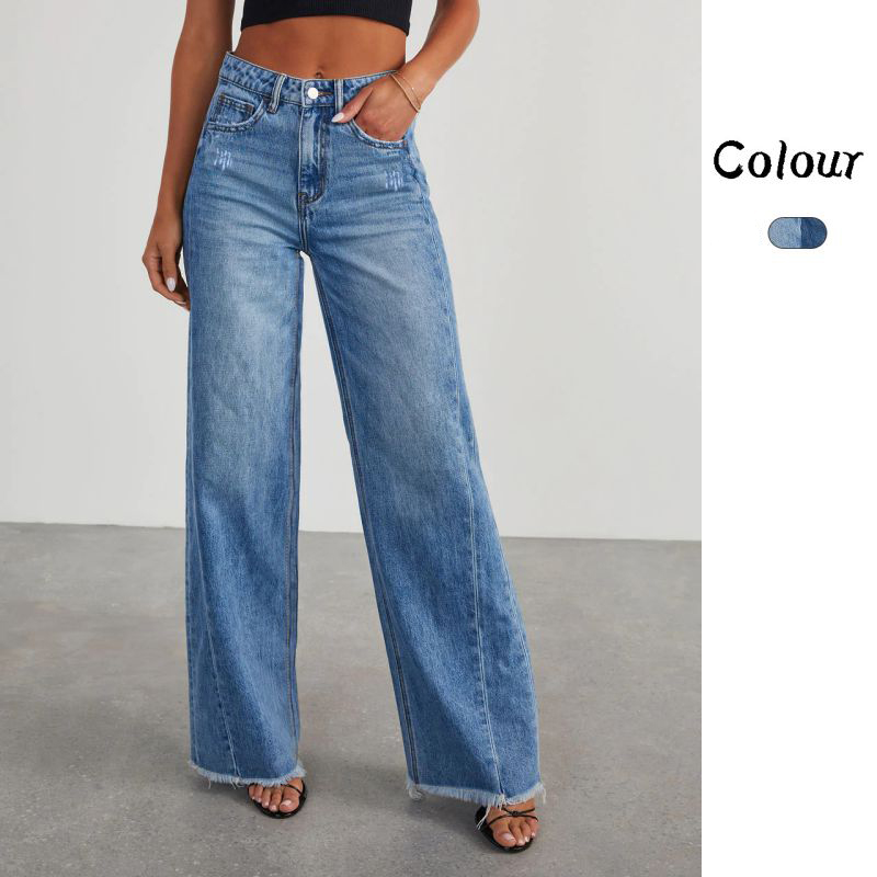 Pantalones Vaqueros Anchos Lavados Con Bordes Sin Rematar
