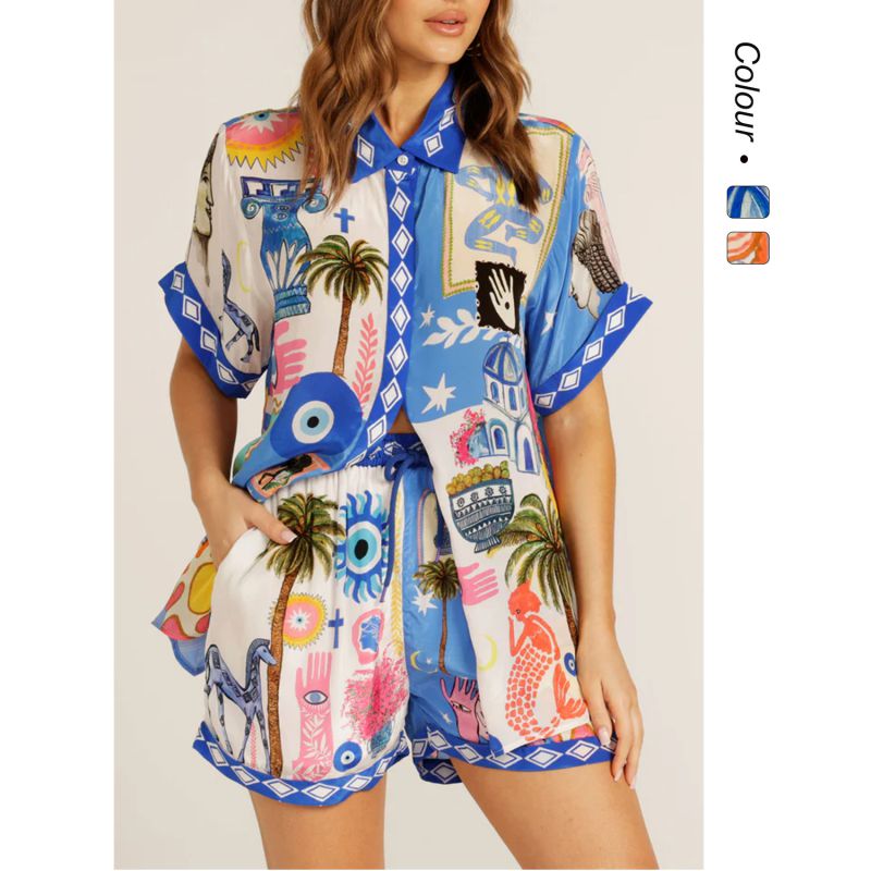 Conjunto De Camisa Y Pantalones Cortos Con Solapa Y Estampado De Poliéster