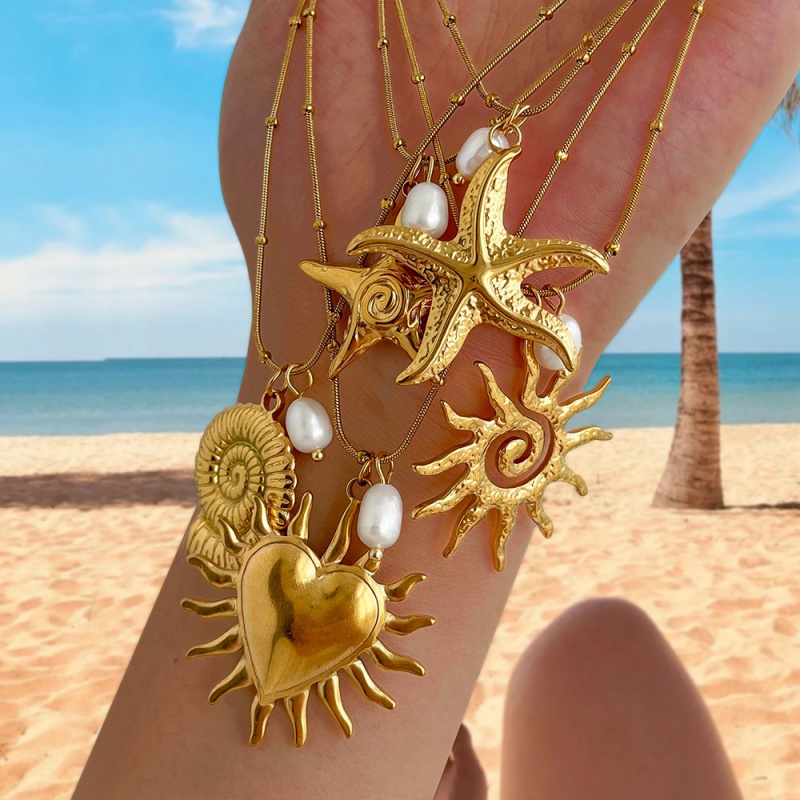 Collar De Perlas De Agua Dulce De Acero Y Titanio Con Forma De Sol
