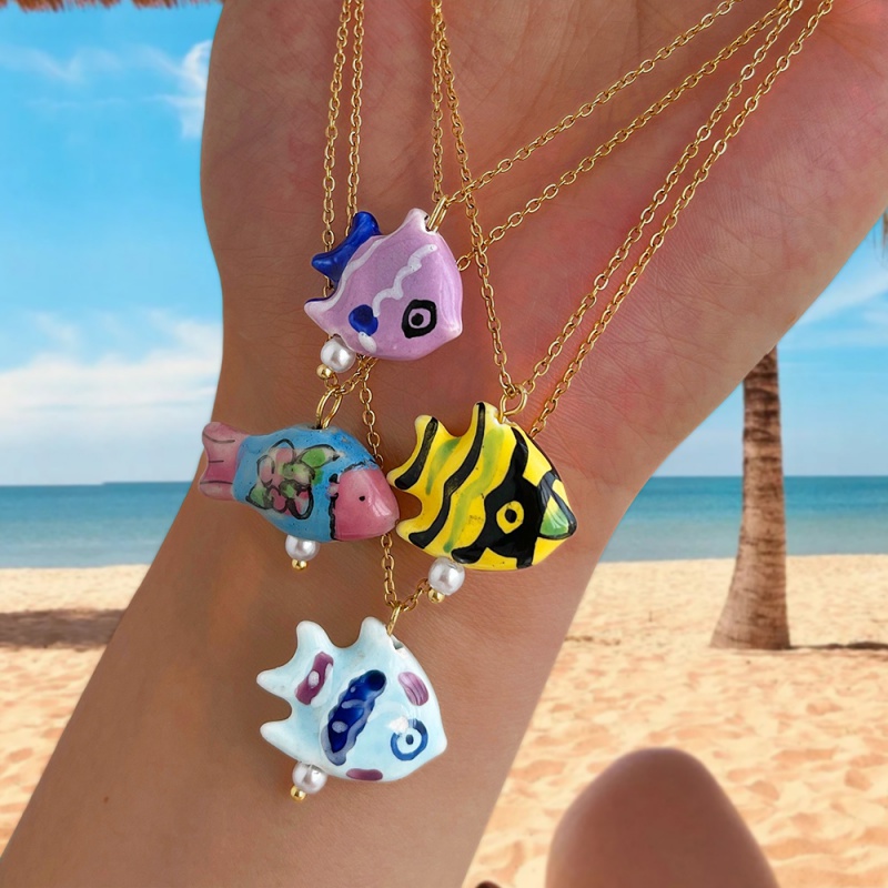 Collar De Acero De Titanio Con Perla Y Cerámica Serie De Peces Marinos
