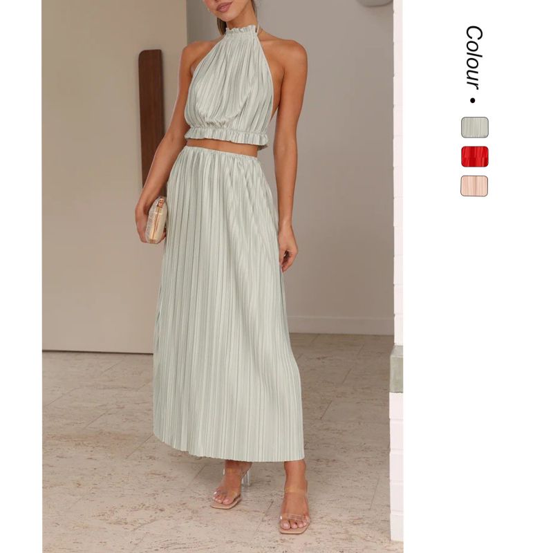 Conjunto De Falda Y Chaleco Plisado Con Cuello Halter De Poliéster
