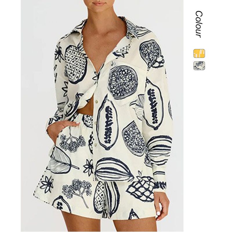 Conjunto De Camisa Y Pantalones Cortos Con Solapa Y Estampado De Poliéster