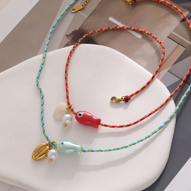 Collar Trenzado De Acero De Titanio Con Concha Y Perla (8 Mm)