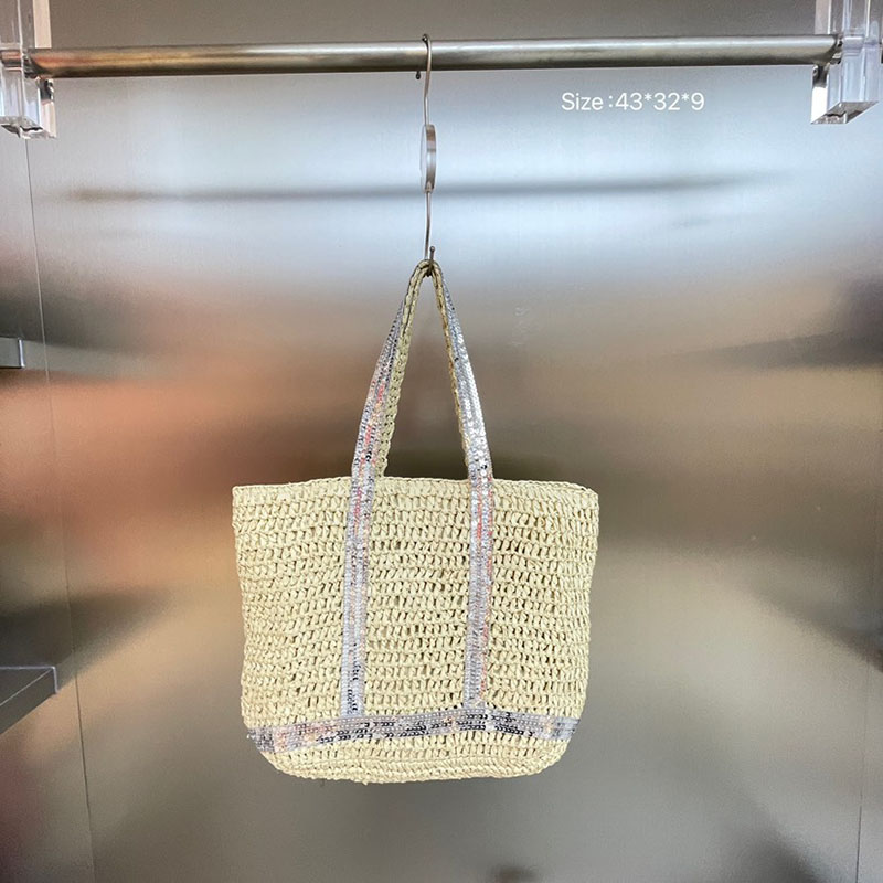 Bolso De Hombro De Gran Capacidad Tejido En Paja Con Patchwork De Lentejuelas