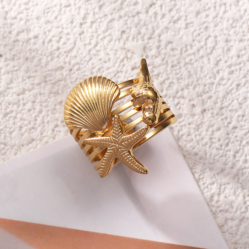 Anillo De Estrella De Mar Con Concha De Acero Y Titanio