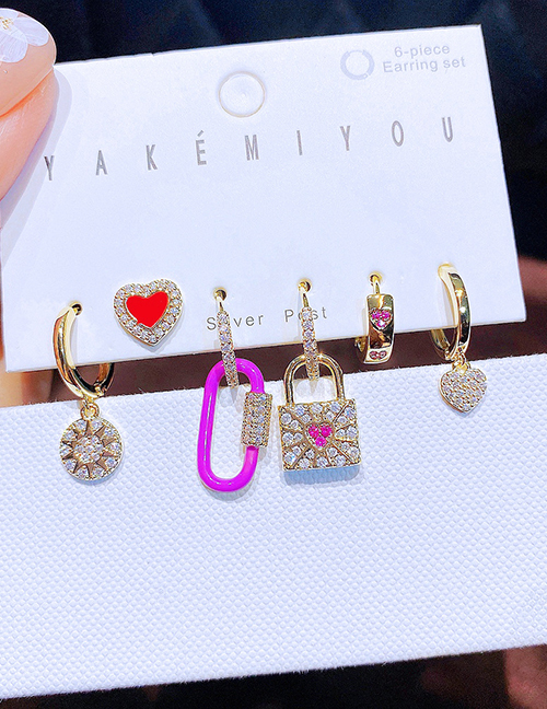 Fashion Gold Bronze Zirconium Lock Heart Geometric Earring Set