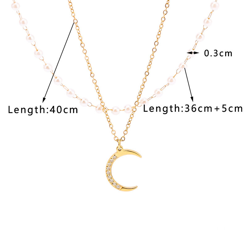 Fashion Gold Stainless Steel Pearl Chain Diamond Moon Double Necklace