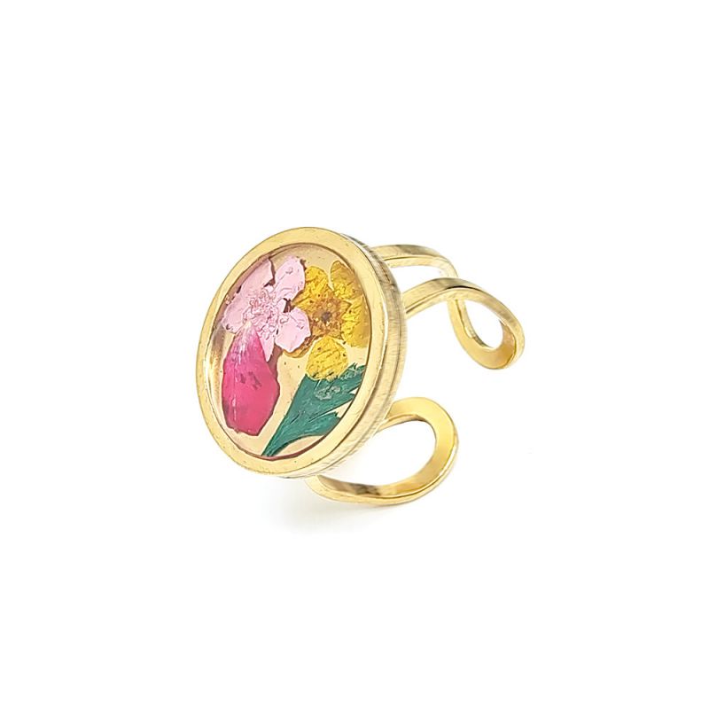 Fashion Golden Yellow Flower Alloy Epoxy Dried Flower Ring