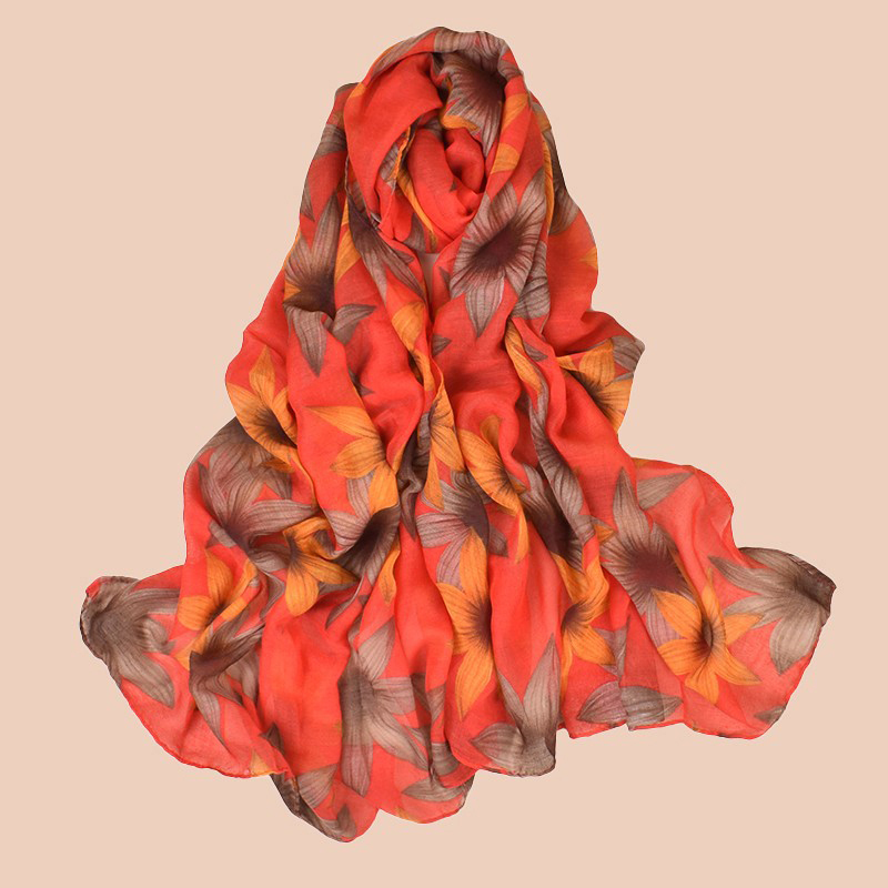 Orange Color Balinese Printed Silk Scarf Shawl