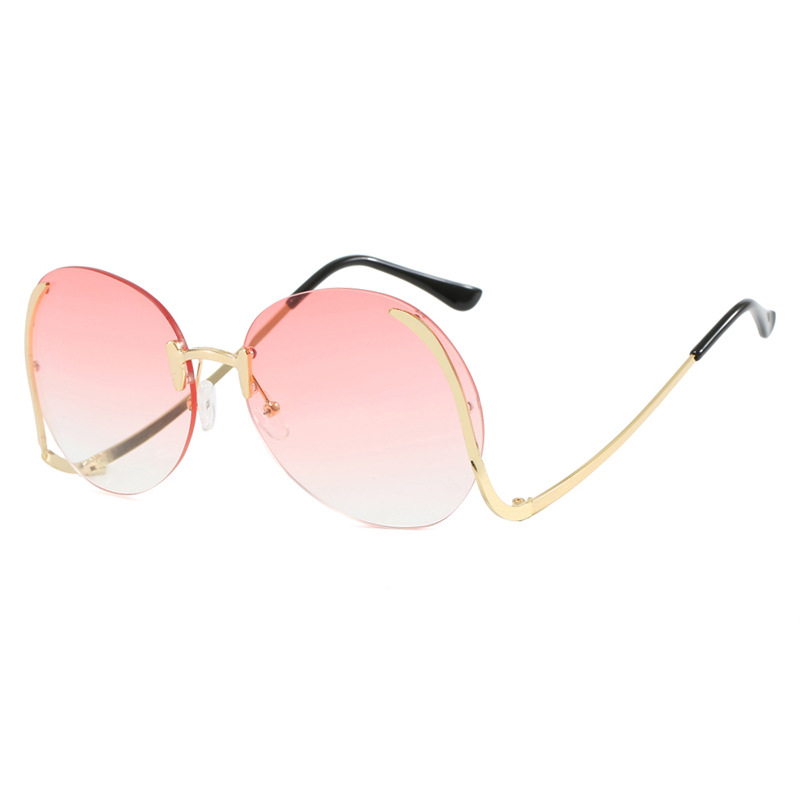 Double Powder Rimless Cut Edge Round Large Frame Sunglasses