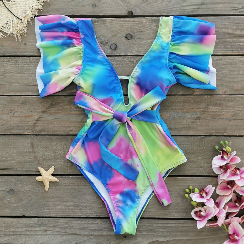 Colorful Ombre Swimsuit Polyester Tie-dye One-piece Swimsuit