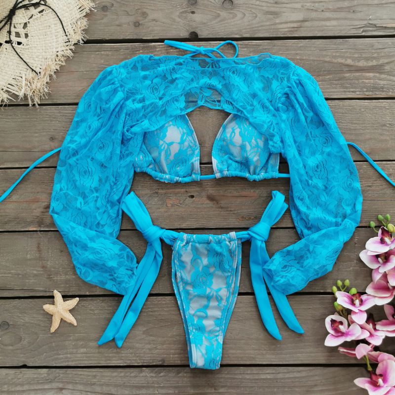 Three Piece Set Polyester Printed Halter Neck Two-piece Swimsuit Bikini Cover-up Three-piece Set