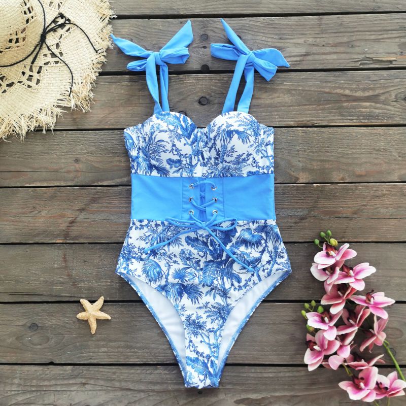 Blue Polyester Printed Lace-up Swimsuit