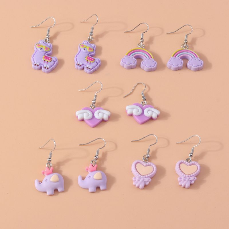 5 Pairs Of Purple Rainbow Heart Earrings Set Resin Heart Flower Bear Strawberry Frog Geometric Earring Set