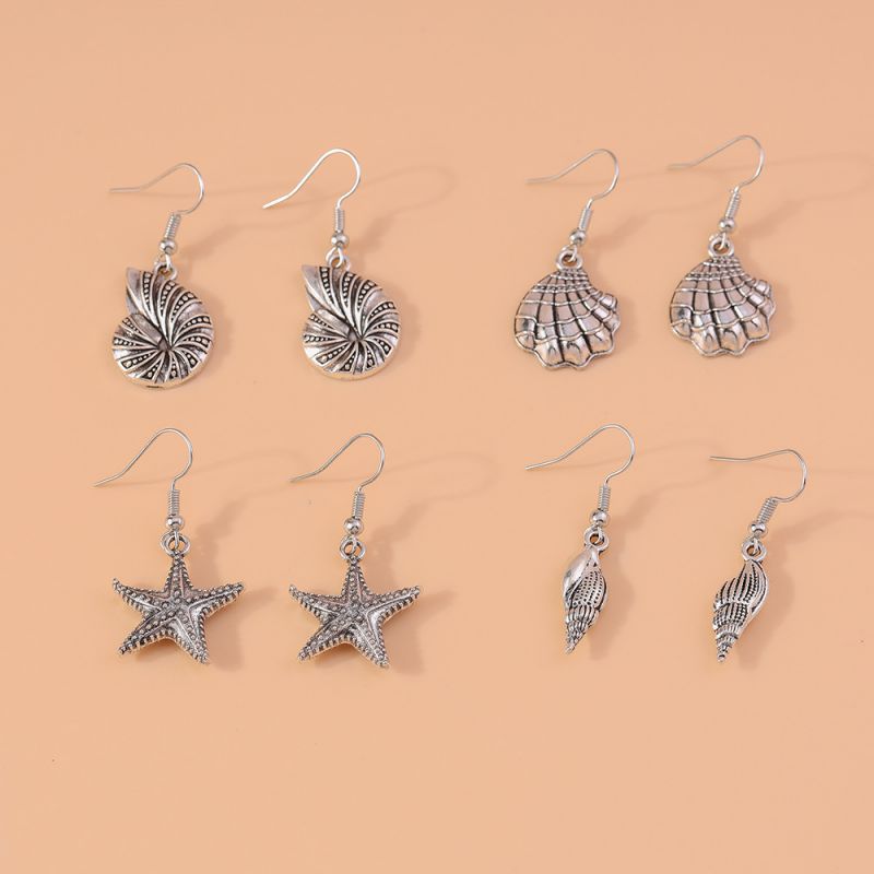4 Pairs Of Starfish Shell Earrings Set Alloy Starfish Shell Conch Earrings Set