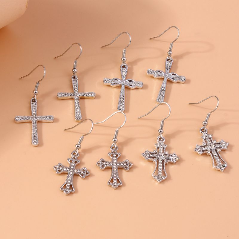 Silver Alloy Diamond Cross Earring Set