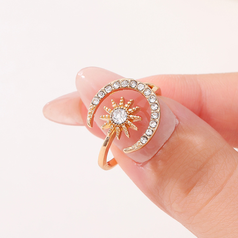 Gold Alloy Diamond Sun And Moon Open Ring