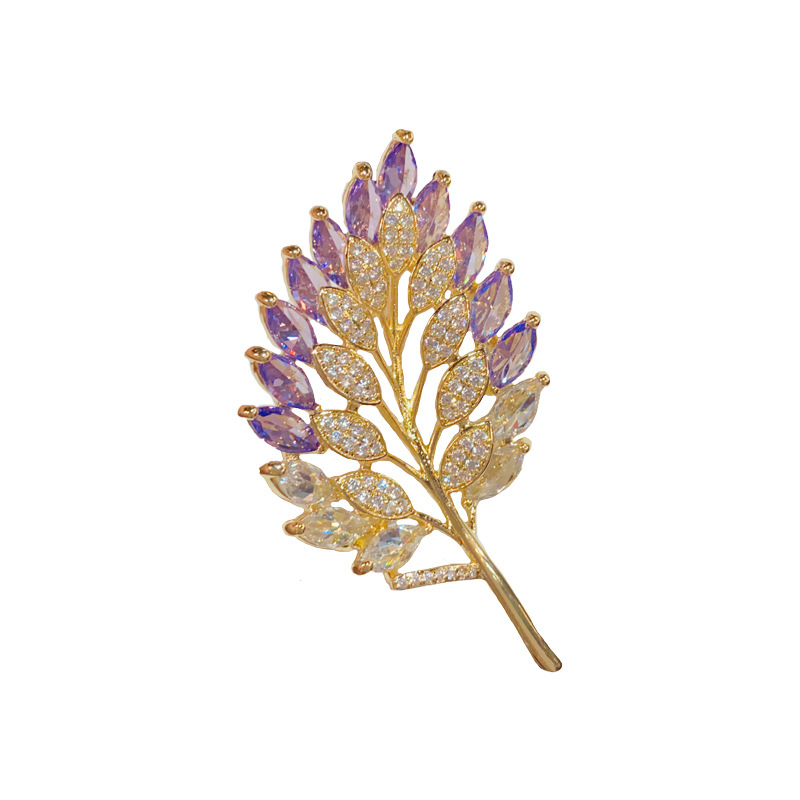 Zircon Leaf Brooch (thickened Real Gold Plating) Copper Leaf Brooch With Diamonds