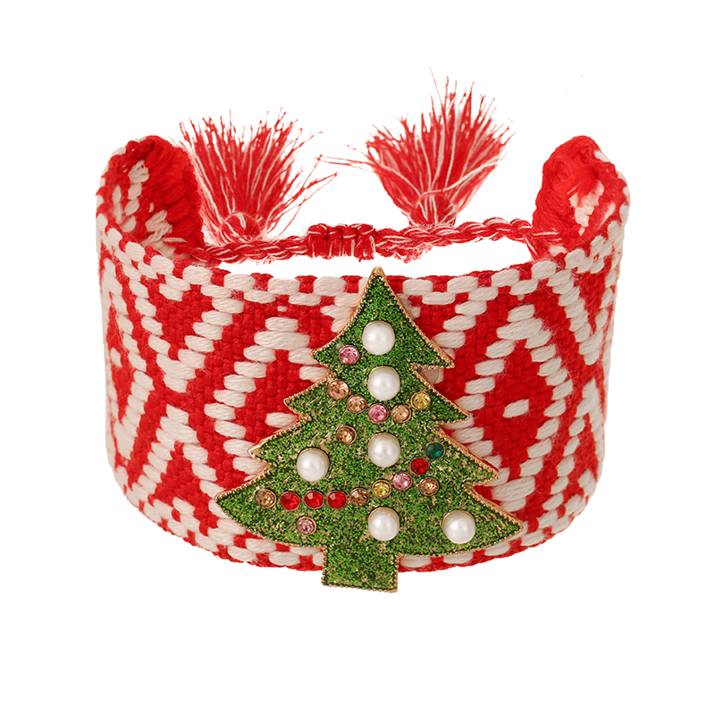Red Alloy Diamond Pearl Christmas Tree Braided Tassel Bracelet