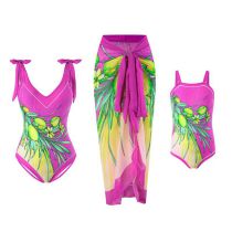 Conjunto De Traje De Baño De Tres Piezas Para Padres E Hijos Con Estampado De Poliéster.