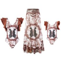 Conjunto De Traje De Baño De Tres Piezas Para Padres E Hijos Con Estampado De Poliéster.