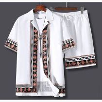 Traje De Camisa Y Pantalón Corto Con Solapa Estampada Para Hombre